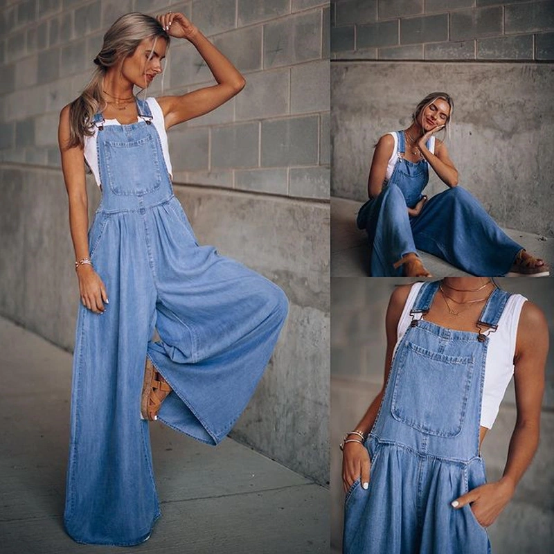 Custom Women Loose Jeans Pants Side Pocket Ladies Overalls Denim Trousers