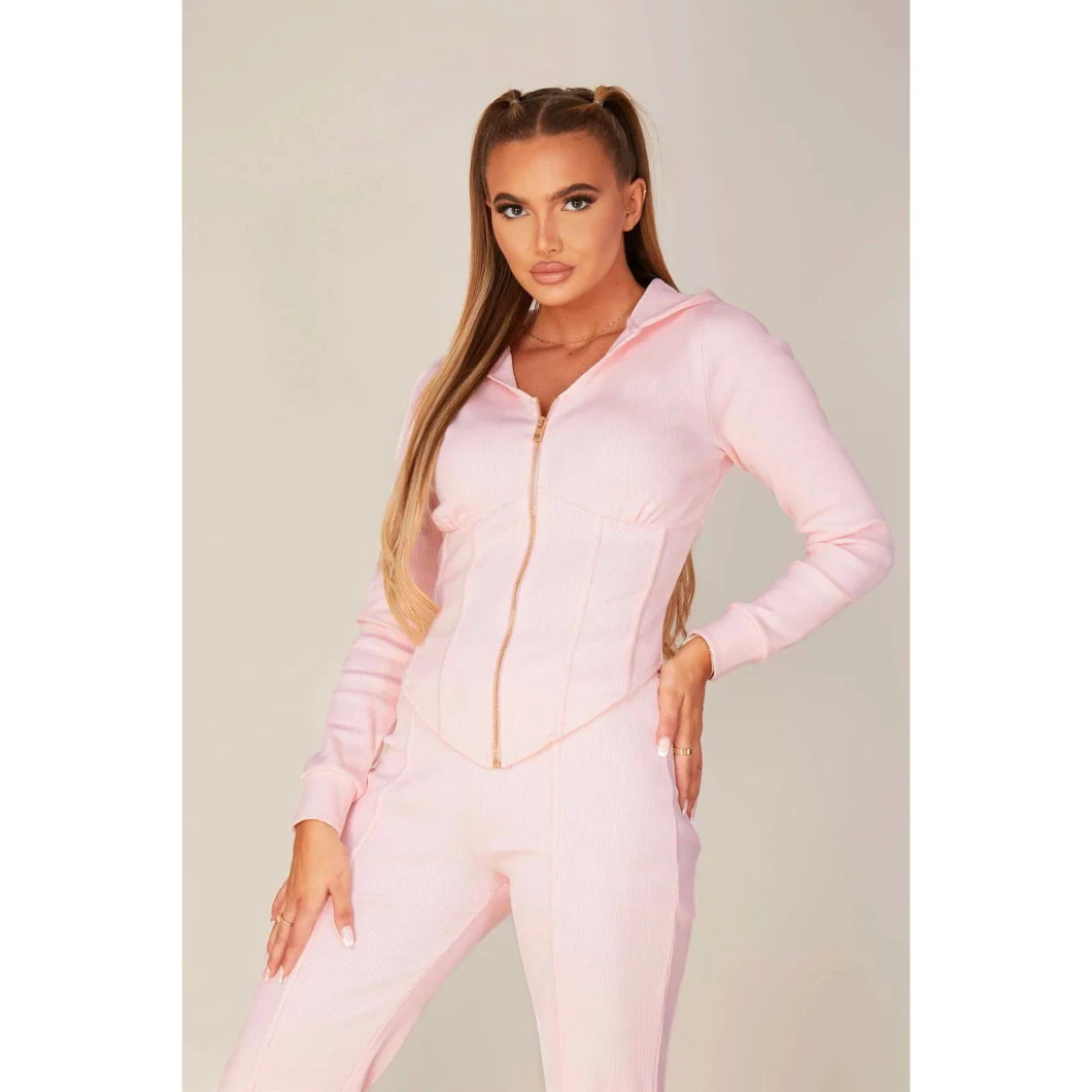 OEM Ellegant Ladies′ Sports Suit Pink Hoodies Flared Trousers