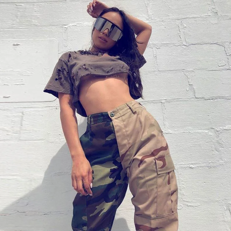 Casual Patchwork Camouflage Cargo Pants Women High Waist Sweat Pants Joggers Women Summer Pockets Camo Pants Ladies Trousers